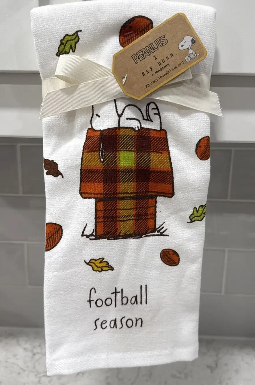 Set 2 Fall PLAID DOGHOUSE Snoopy Rae Dunn Peanuts Kitchen Towels Football Season